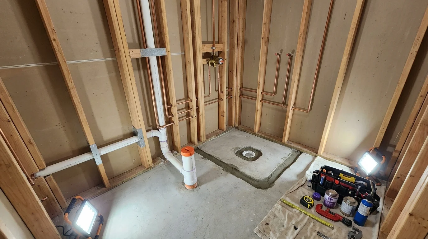 Bathroom rough-in plumbing during remodel by Johns Plumbing LLC in Center City