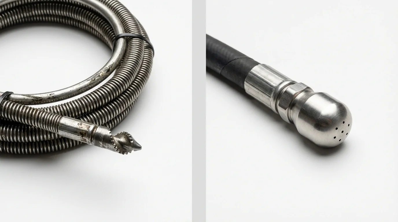 Drain snake cable and hydro jetting nozzle used for drain cleaning in Center City, MN