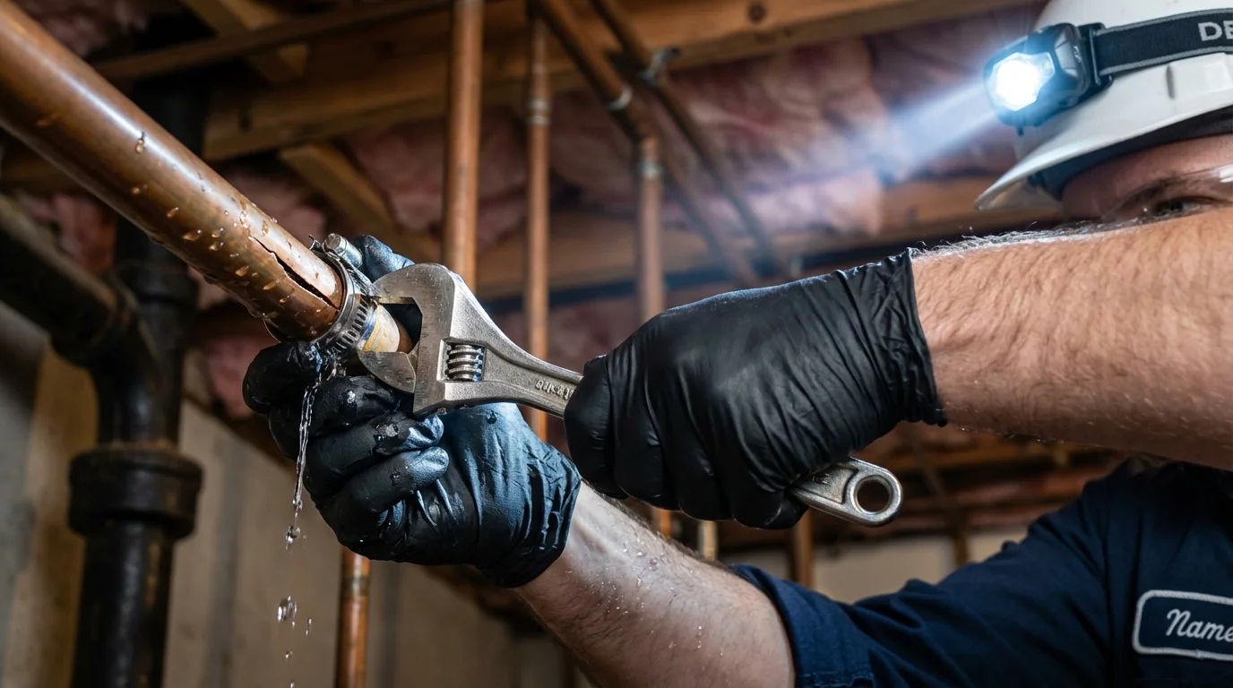 Emergency pipe clamp repair being performed by a Johns Plumbing LLC plumber in Center City