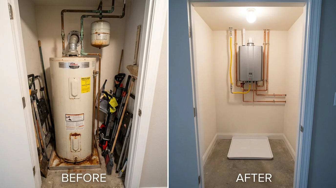 Tank water heater versus wall-mounted tankless unit comparison for Center City, MN homeowners