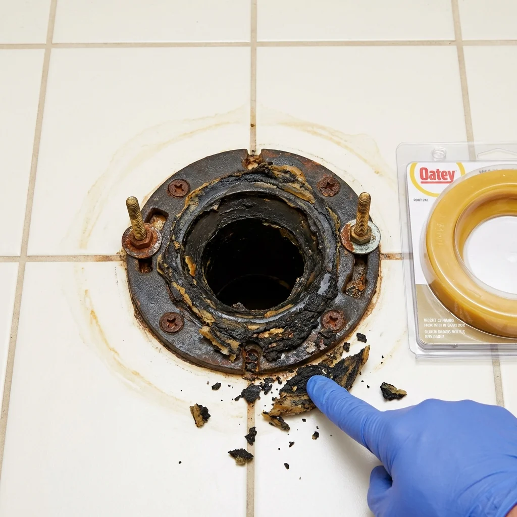 Failed wax ring showing water seepage at the base of a toilet in a Center City, MN home