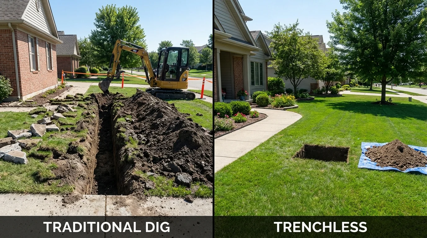 Trenchless sewer repair with minimal yard damage versus traditional excavation in Center City, MN