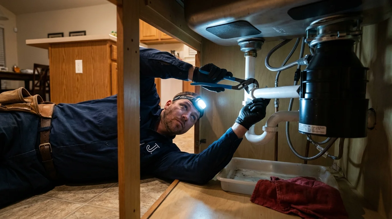 P-trap and supply line connections under a kitchen sink showing a common leak point in Center City, MN